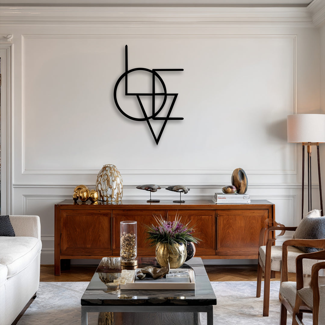 The soft white sofa provides a welcoming contrast to the sleek Abstract Geometry Fusion unique metal wall art in this modern living room.