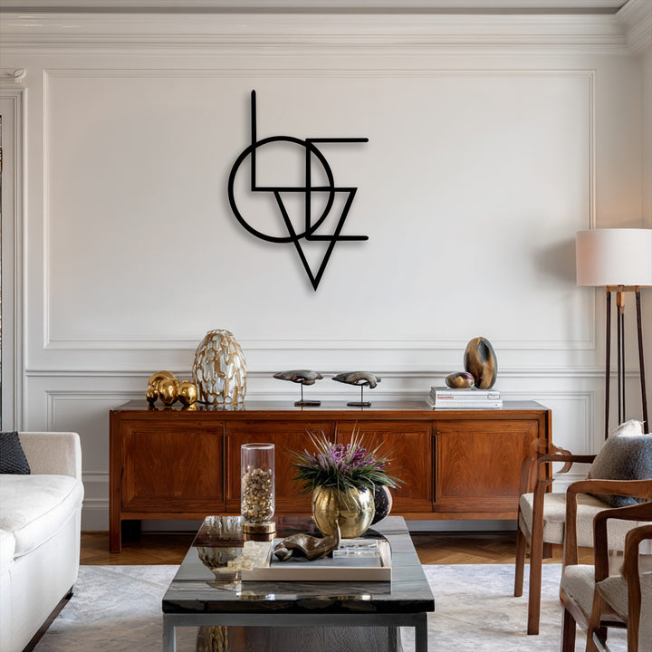 The soft white sofa provides a welcoming contrast to the sleek Abstract Geometry Fusion unique metal wall art in this modern living room.