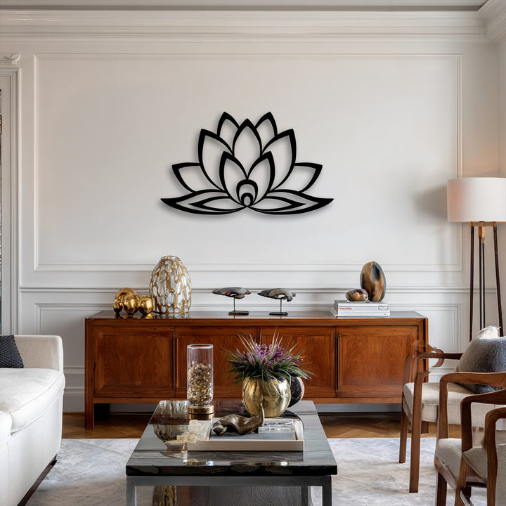 Against a creamy white wall, a minimalist lotus bloom metal art for wall enhances a serene and elegant living area.