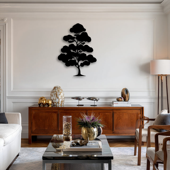 The central subject is a serene black silhouette of a Japanese-inspired bonsai tree, a stunning piece of metal artwork.