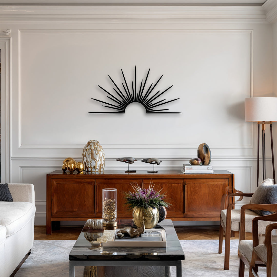 A plush, light grey rug anchors the elegant living space, complementing the striking sunburst minimal metal wall art, a beautiful decoration wall art piece.