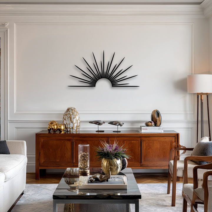 A plush, light grey rug anchors the elegant living space, complementing the striking sunburst minimal metal wall art, a beautiful decoration wall art piece.