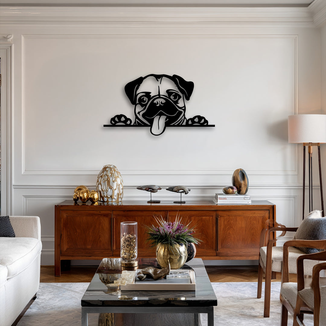 The darkest area prominently features a playful black pug dog metal wall decor silhouette with its tongue out, peeking.