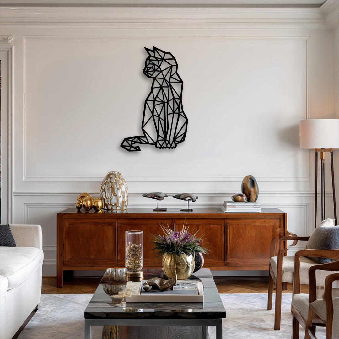 Geometric Sitting Cat – Modern Line Art Metal Wall Art