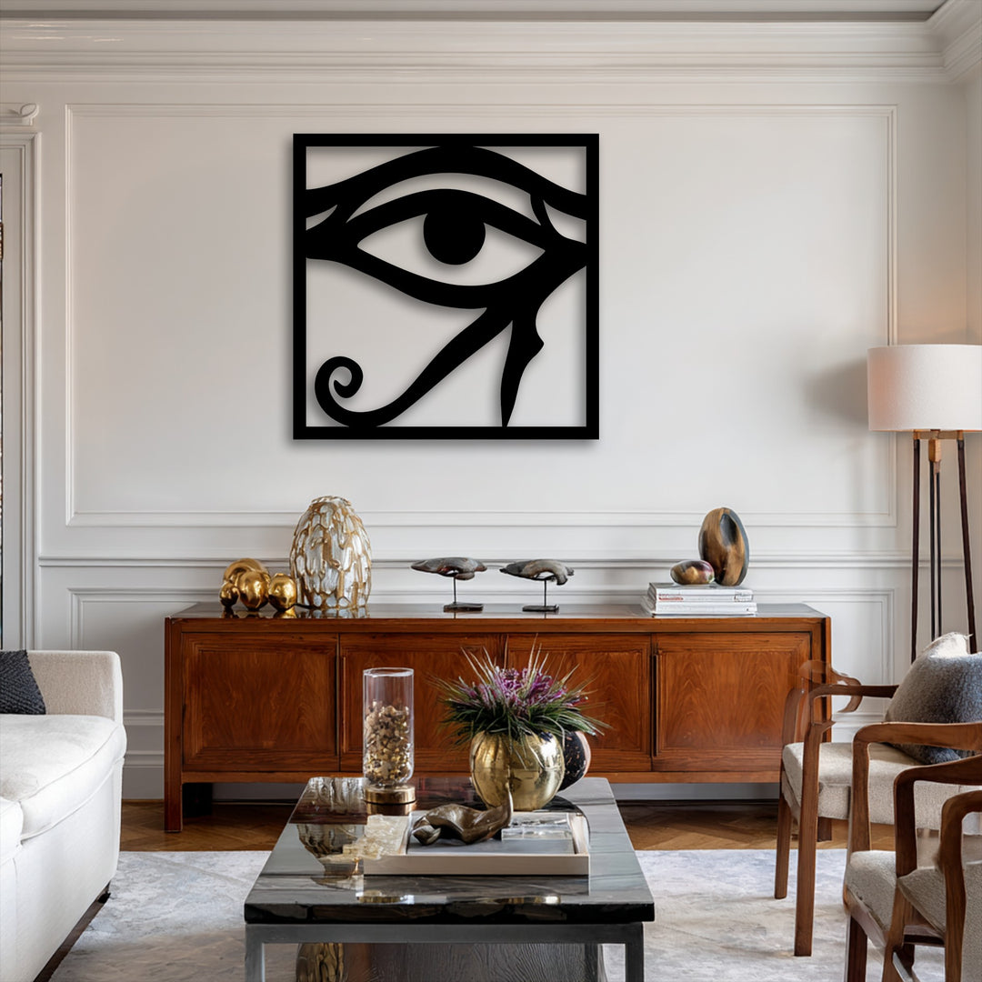 The background features elegant classic white paneled walls, a long wooden console table, and an inviting floor lamp, complementing the metal artwork.
