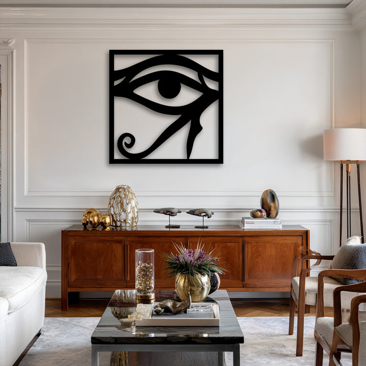 The background features elegant classic white paneled walls, a long wooden console table, and an inviting floor lamp, complementing the metal artwork.