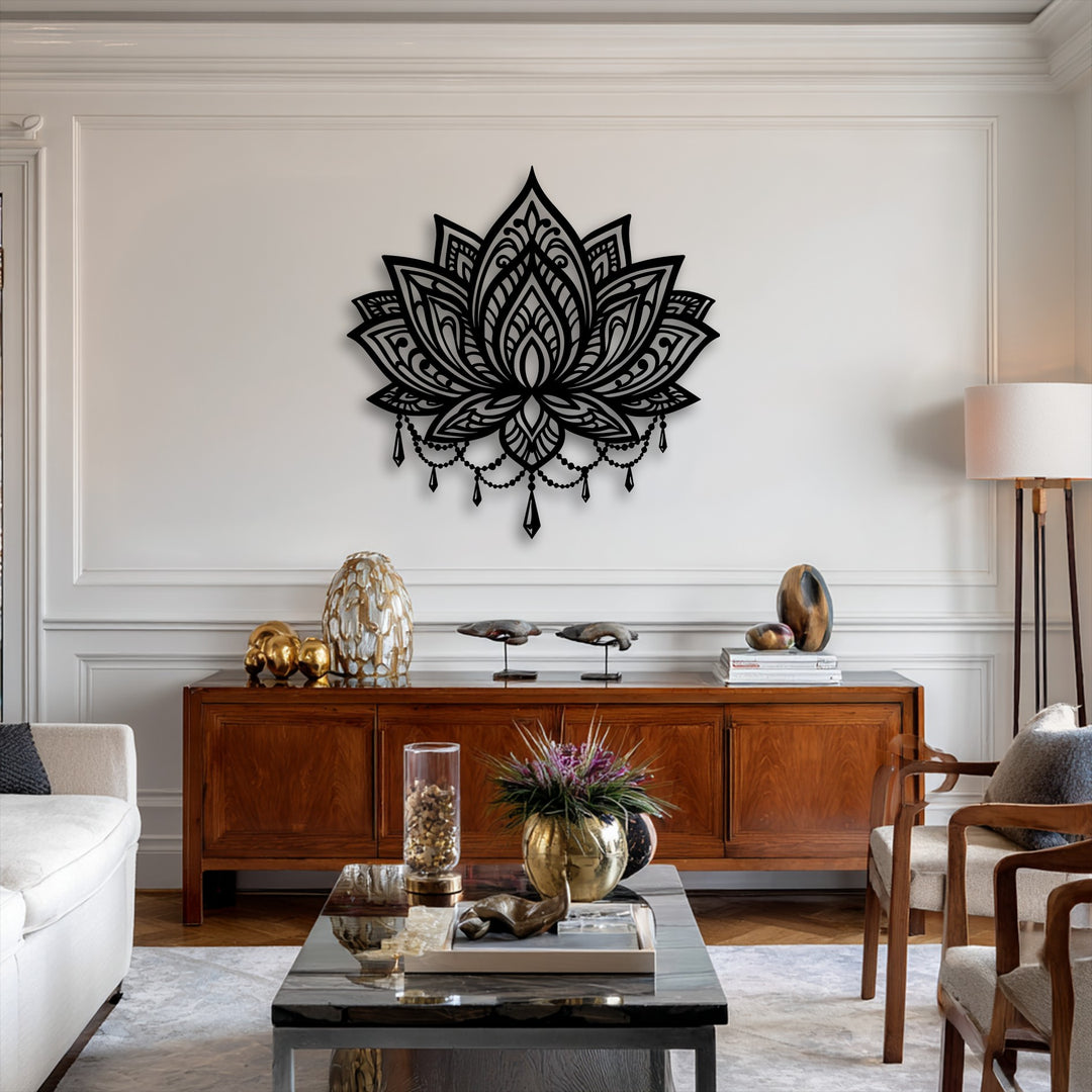 Defined by negative space, this ornate lotus mandala metal art for wall beautifully highlights its delicate patterns against the wall.