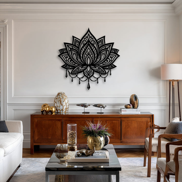 Defined by negative space, this ornate lotus mandala metal art for wall beautifully highlights its delicate patterns against the wall.
