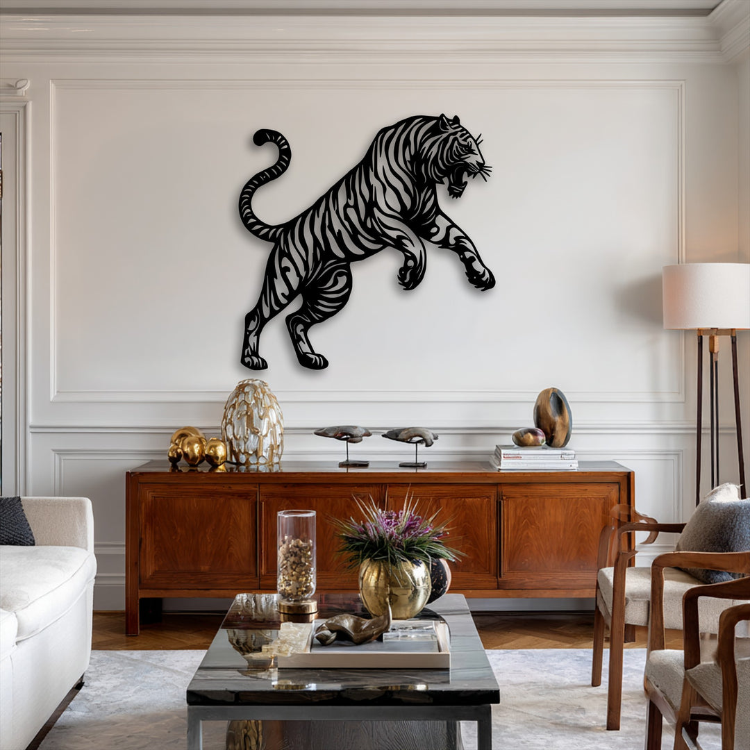 White walls provide a striking backdrop for a fierce black tiger silhouette decoration wall art above a rich wooden cabinet.