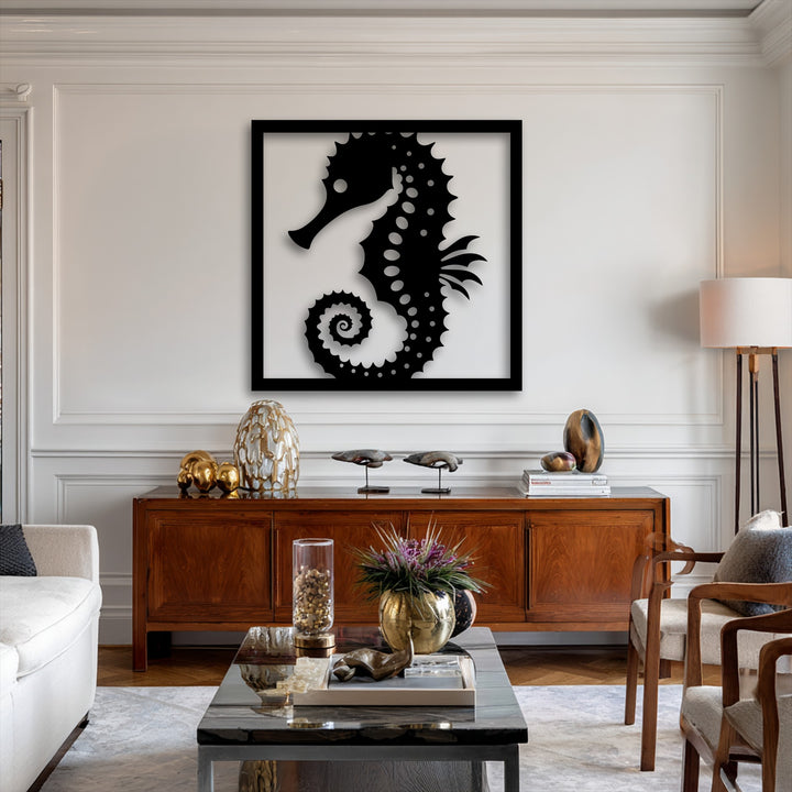 A rectangular, vertically oriented seahorse framed metal decoration wall art features intricate details and a distinctive curled tail.