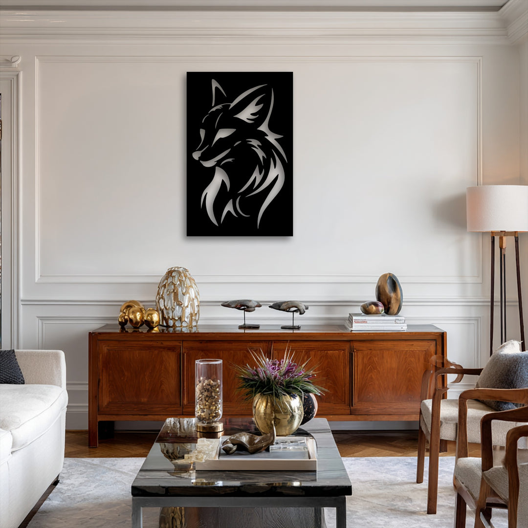 Visual rhythm is emphasized by the flowing, tribal lines forming the majestic wolf head silhouette metal wall decor.