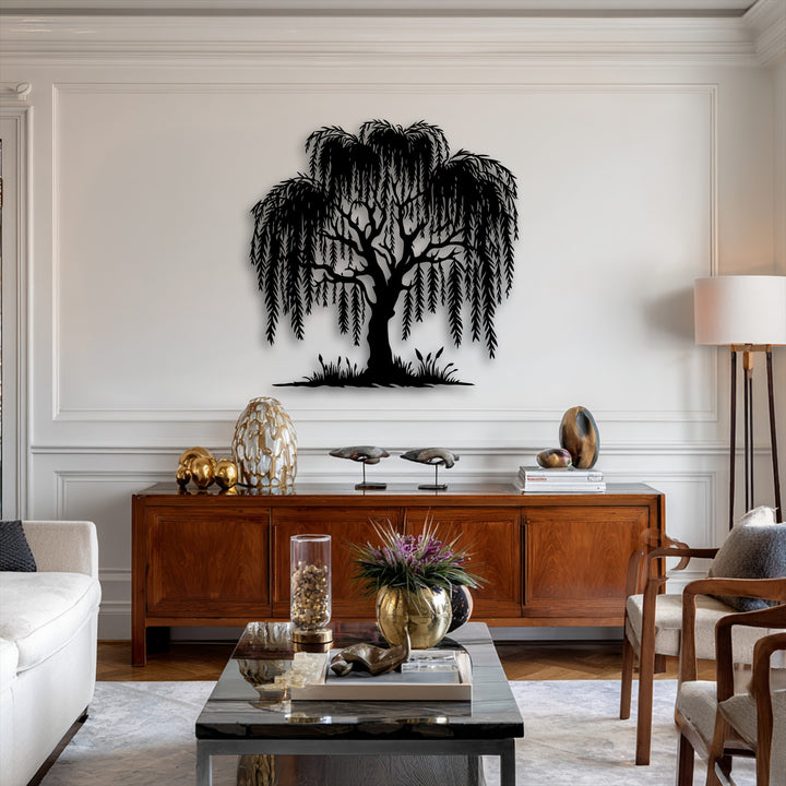 A brilliant white wall beautifully highlights the striking graceful willow tree unique metal wall art silhouette.