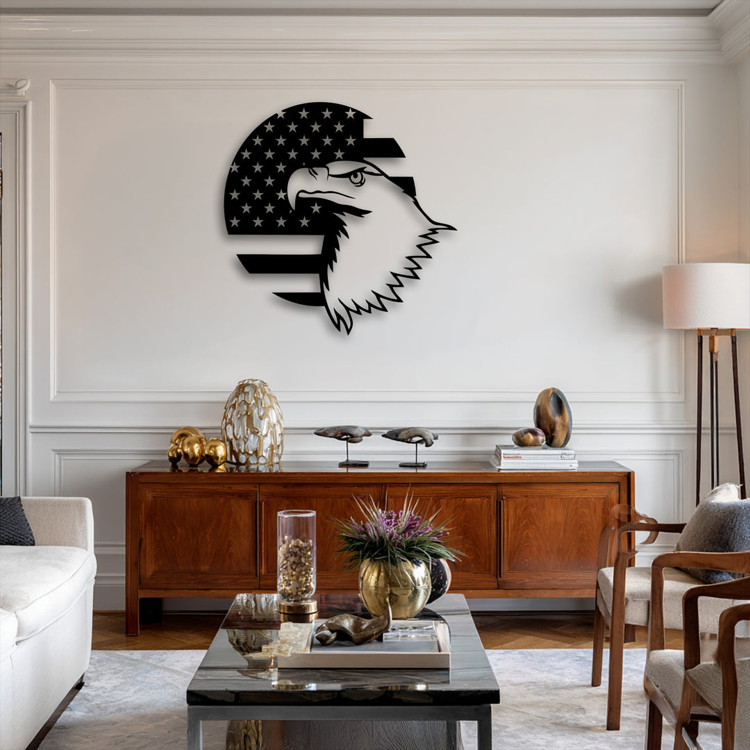 The focal point is a prominent, bold, unique metal wall art piece featuring a stylized patriotic eagle emblem within an American flag design.