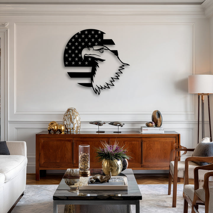 The focal point is a prominent, bold, unique metal wall art piece featuring a stylized patriotic eagle emblem within an American flag design.