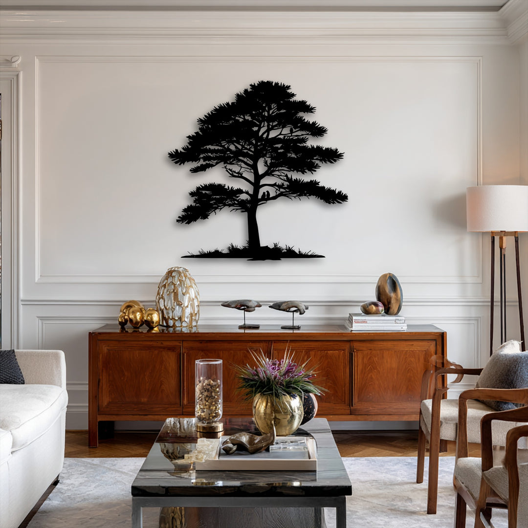 The darkest area showcases a bold tree silhouette decorative metal art piece, depicting intricate pine nature branches on a bright wall.