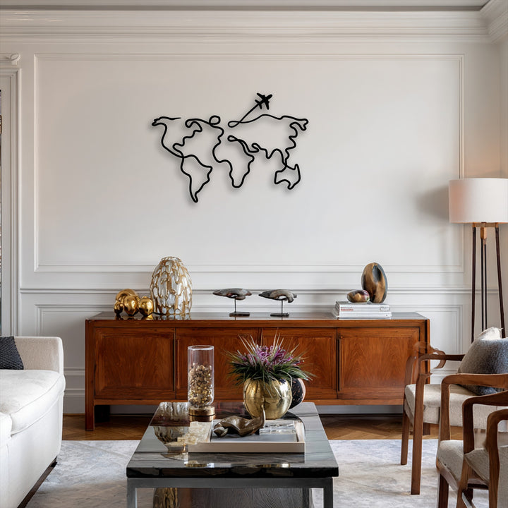 The high-quality decorative metal art of this minimalist world map is expertly crafted with a smooth finish.