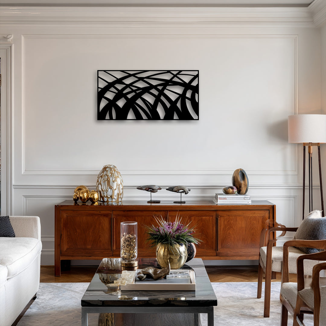 The dynamic geometric elements feature bold, curving, and interlacing lines forming unique metal wall art that creates a modern abstract design.