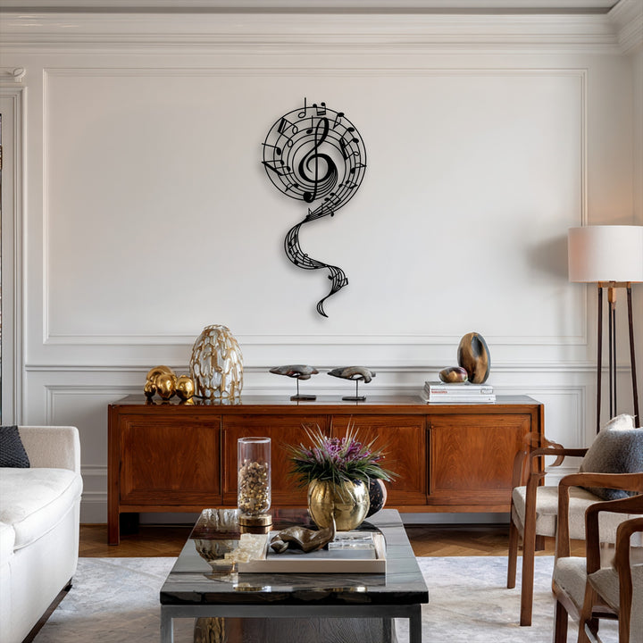 Showcasing a sleek, smooth surface texture, this unique metal wall art captures abstract music with flowing notes and a treble clef.