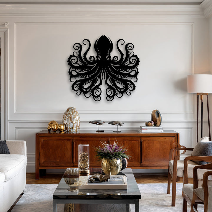 Dramatic shadows are cast by the intricate octopus decorative metal art, highlighting its complex tentacle design against a bright wall.