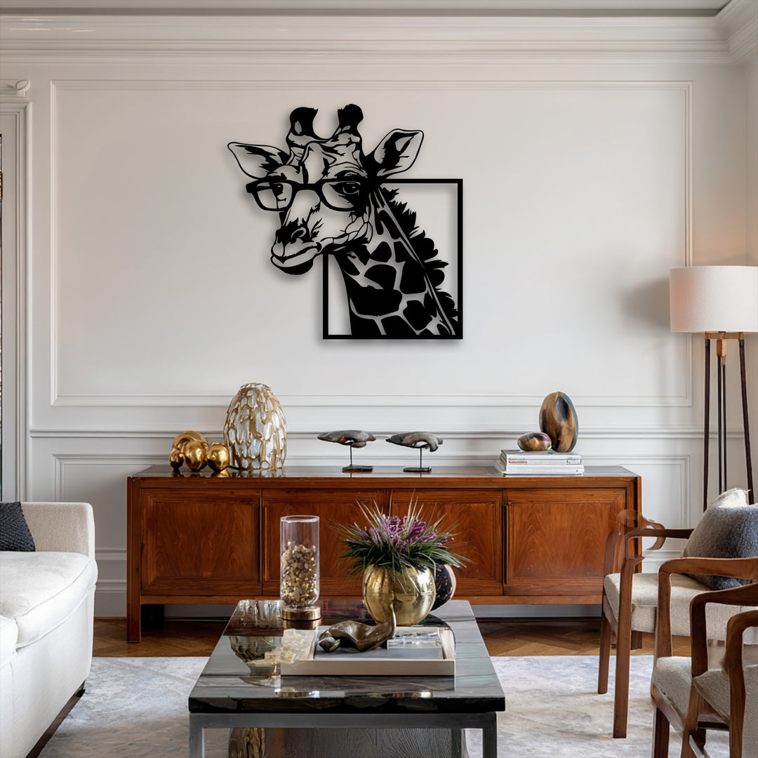 A crisp white wall illuminates the room, featuring a striking black metal artwork of a stylish giraffe with glasses.