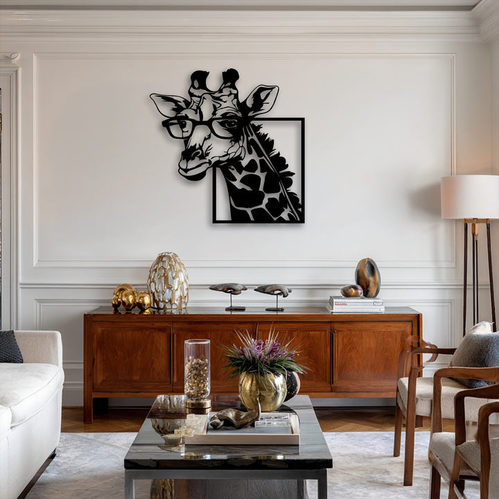 A crisp white wall illuminates the room, featuring a striking black metal artwork of a stylish giraffe with glasses.