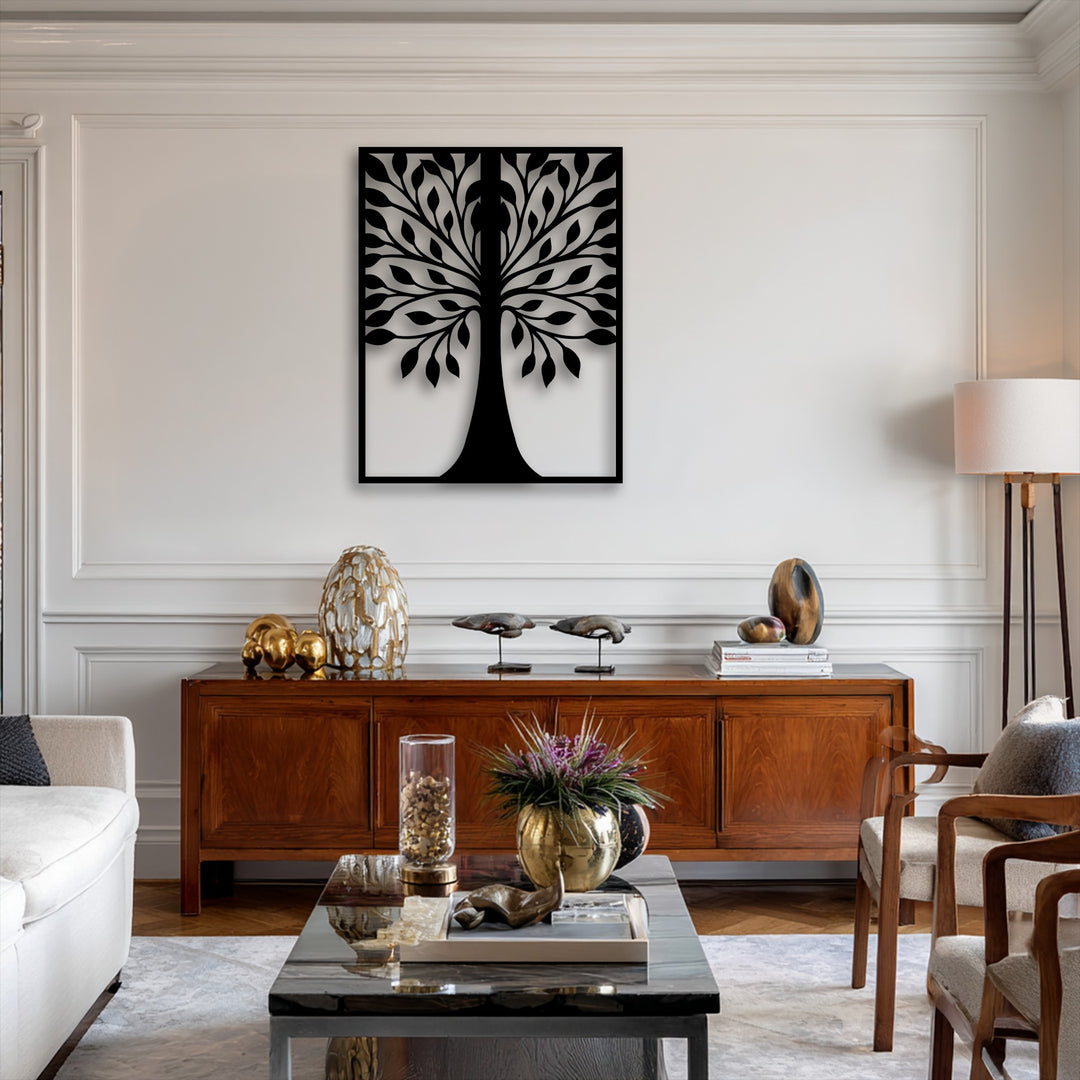 The warm, inviting color temperature highlights the elegant Symmetrical Leaf Tree Silhouette metal art for wall above a rich wooden credenza.
