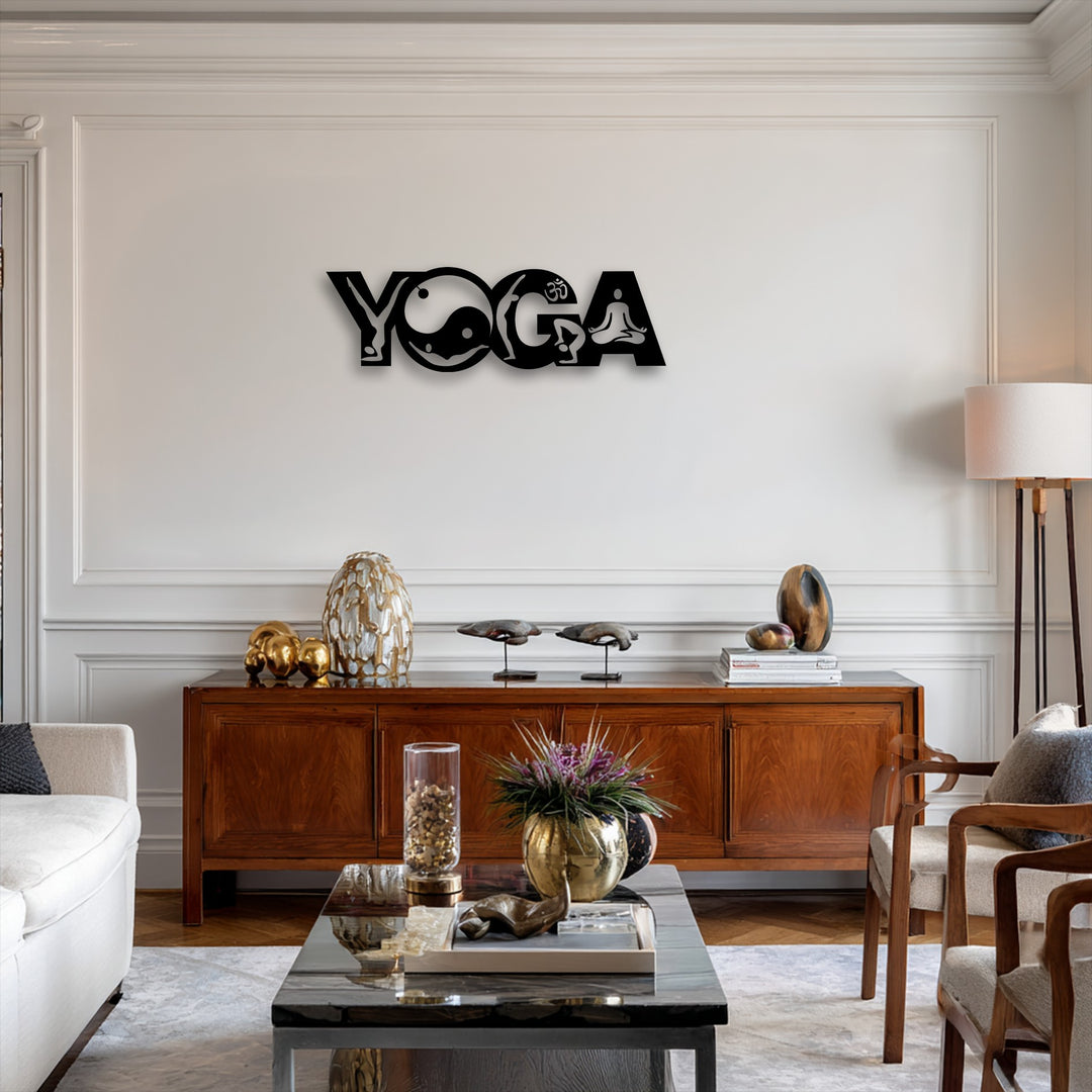The image's balanced color saturation vividly presents the black yoga metal wall decor with its distinct Yin Yang meditation design.