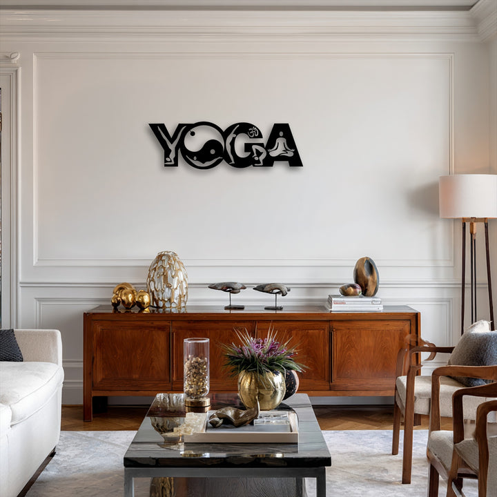The image's balanced color saturation vividly presents the black yoga metal wall decor with its distinct Yin Yang meditation design.