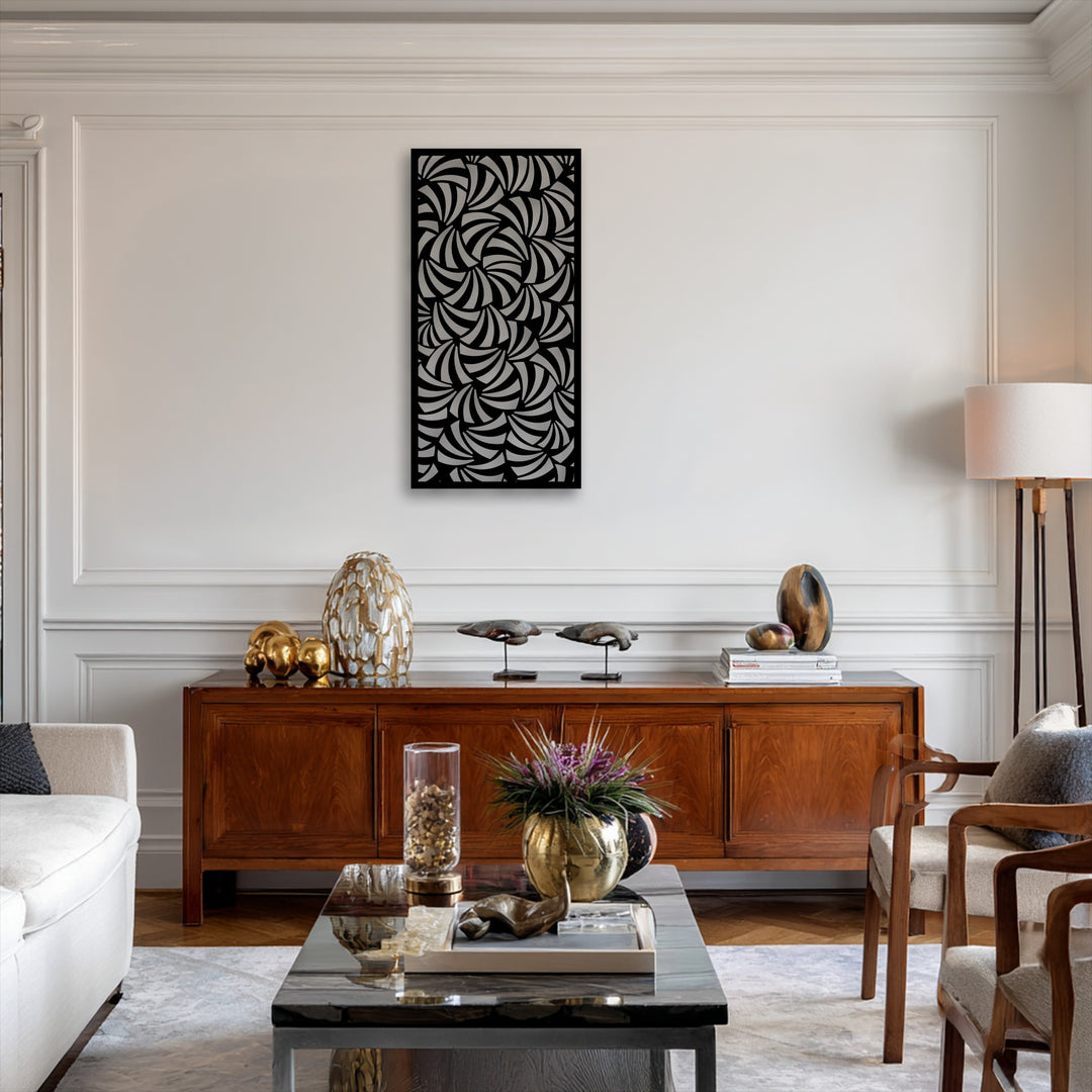 Light and shadow accentuate the intricate spiral flow abstract pattern of the geometric metal decoration wall art panel.