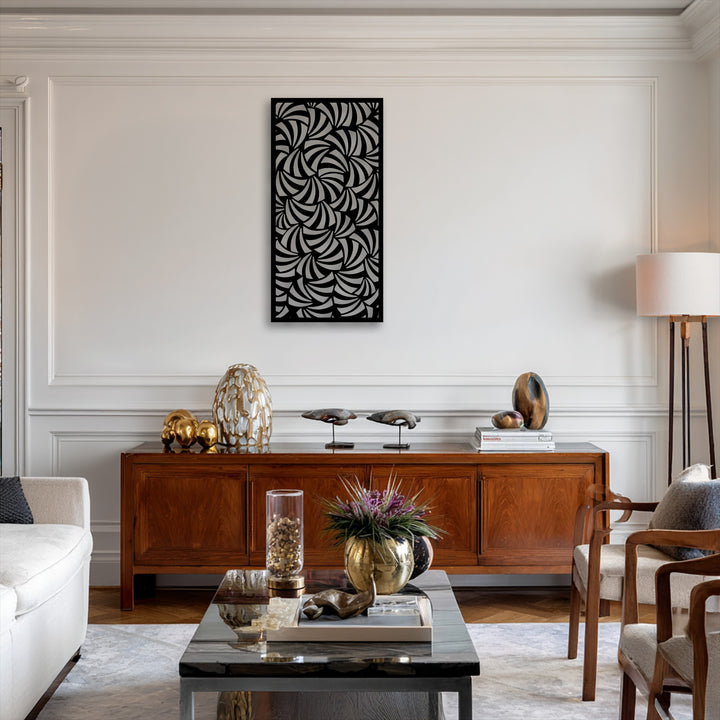 Light and shadow accentuate the intricate spiral flow abstract pattern of the geometric metal decoration wall art panel.