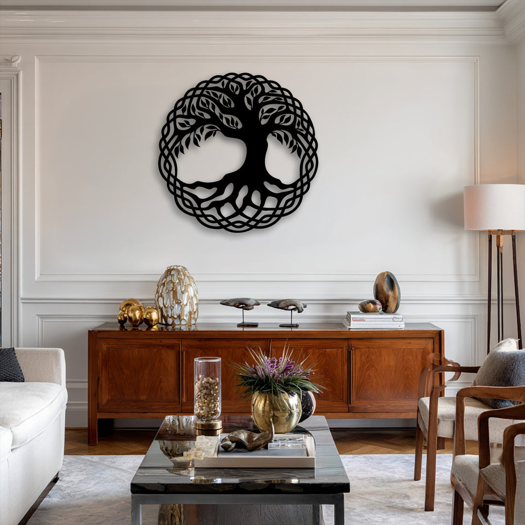 The background features a pristine white wall with classic wainscoting, highlighting a striking unique metal wall art, the Celtic Tree of Life.