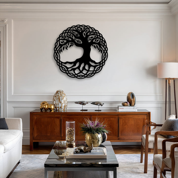 The background features a pristine white wall with classic wainscoting, highlighting a striking unique metal wall art, the Celtic Tree of Life.