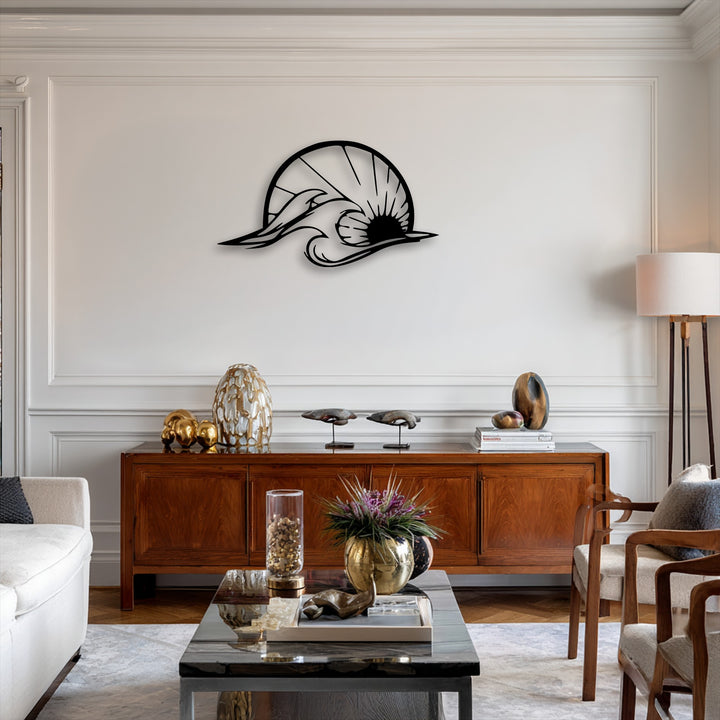 A beautifully warm color temperature illuminates a sophisticated living space, featuring the elegant Ocean Wave & Dolphin Silhouette metal artwork.