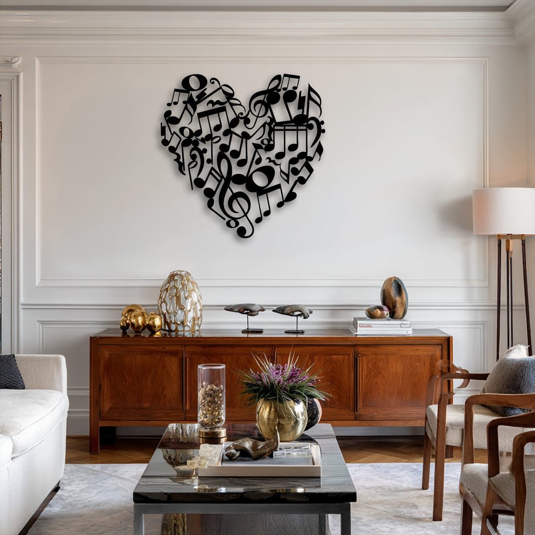 The striking heart-shaped metal artwork featuring musical notes adds a captivating sense of depth and layered dimension against the pristine white wall.