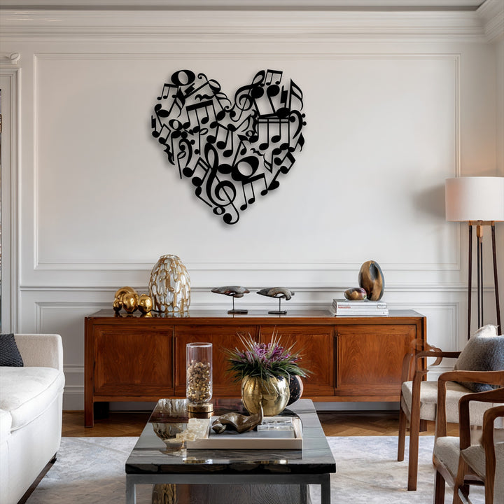 The striking heart-shaped metal artwork featuring musical notes adds a captivating sense of depth and layered dimension against the pristine white wall.