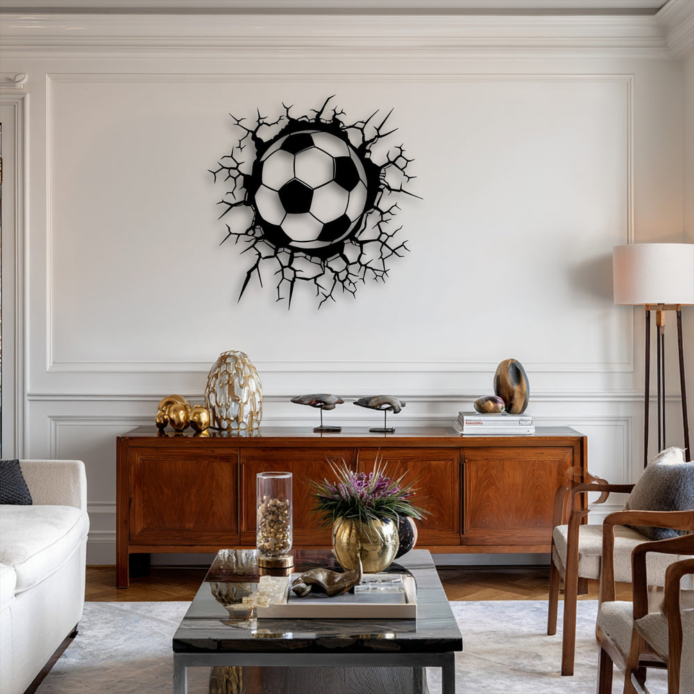 The background features a sophisticated white paneled wall with decorative molding, providing a refined setting for the unique metal wall art.