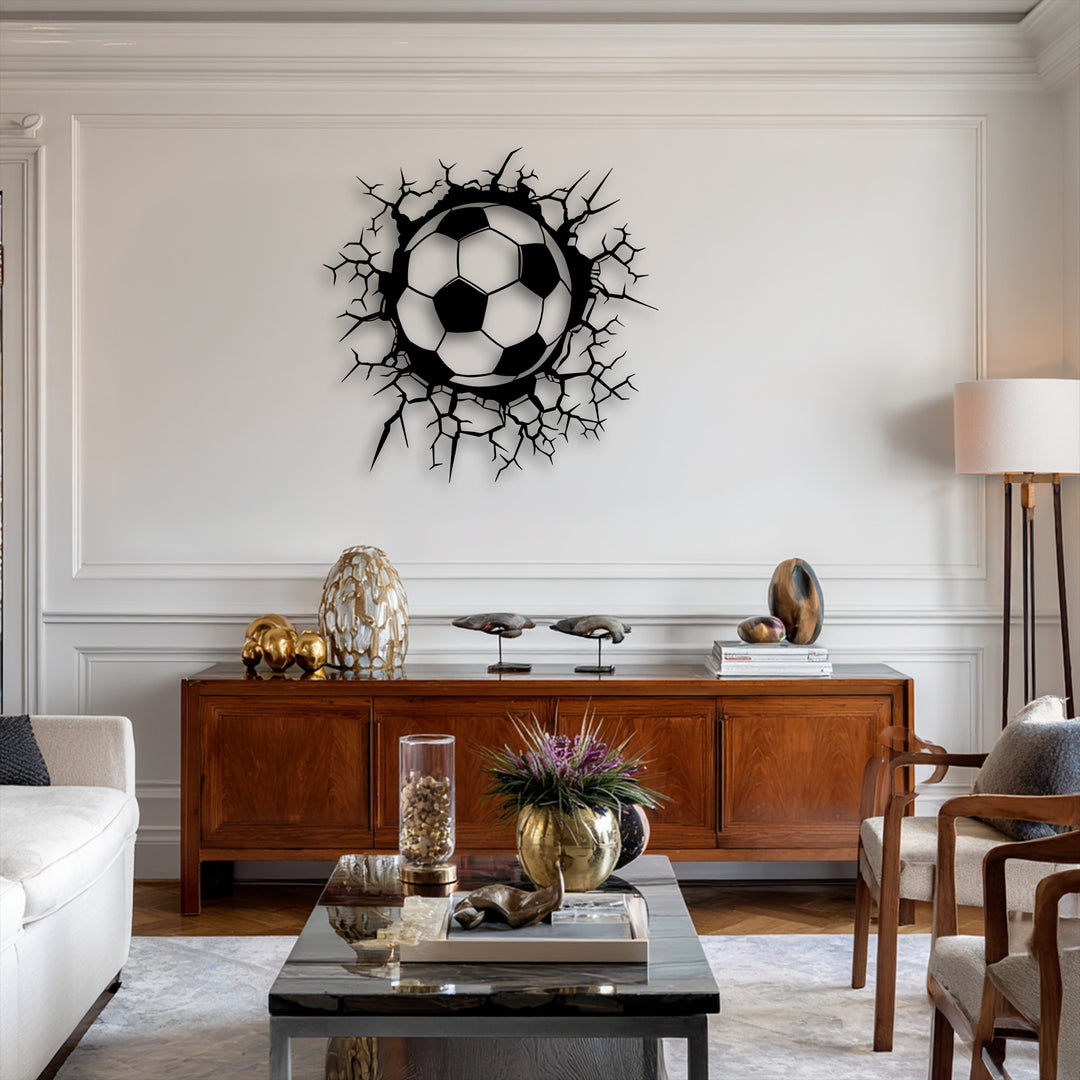 The background features a sophisticated white paneled wall with decorative molding, providing a refined setting for the unique metal wall art.