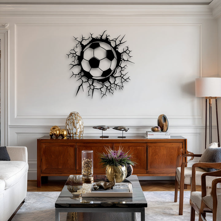 The background features a sophisticated white paneled wall with decorative molding, providing a refined setting for the unique metal wall art.
