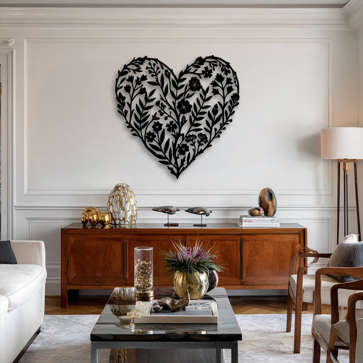The intricate floral heart decorative metal art flows with organic lines, evoking a gentle botanical rhythm.