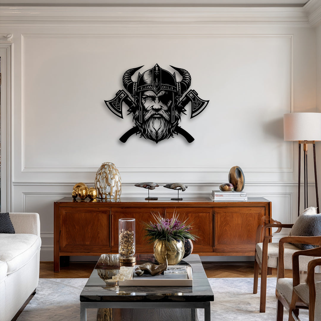 Observing the vivid transition from the dark decorative metal art of a Viking Warrior with horned helmet and axes to the bright wall.