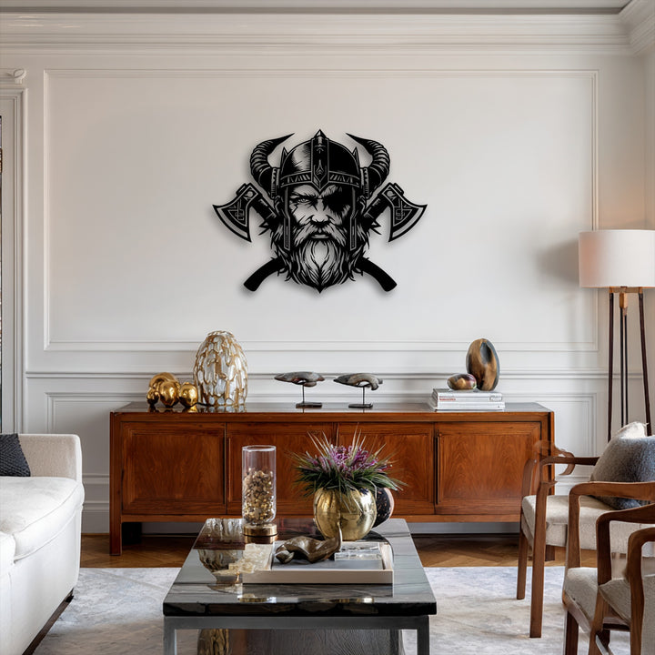 Observing the vivid transition from the dark decorative metal art of a Viking Warrior with horned helmet and axes to the bright wall.