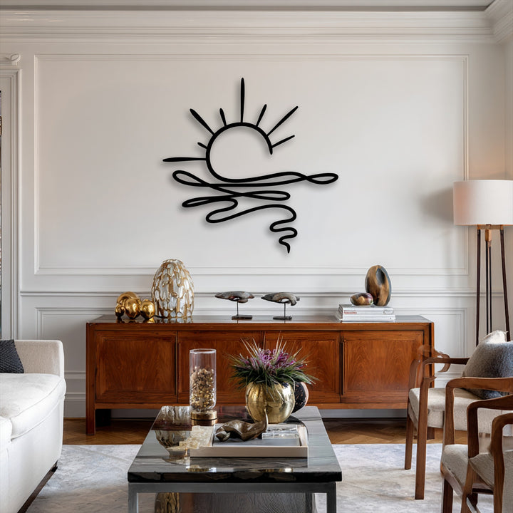The abstract quality of this unique metal wall art piece depicts a stylized sunrise over fluid, continuous wave lines.
