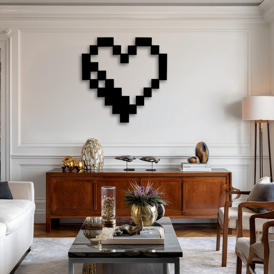 Subtle shadows behind the Pixel Heart Icon retro gaming metal wall art accentuate its bold form, a captivating decorative metal art piece.