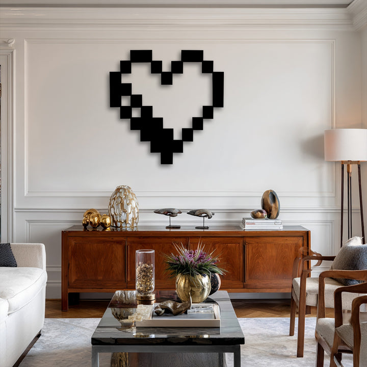 Subtle shadows behind the Pixel Heart Icon retro gaming metal wall art accentuate its bold form, a captivating decorative metal art piece.