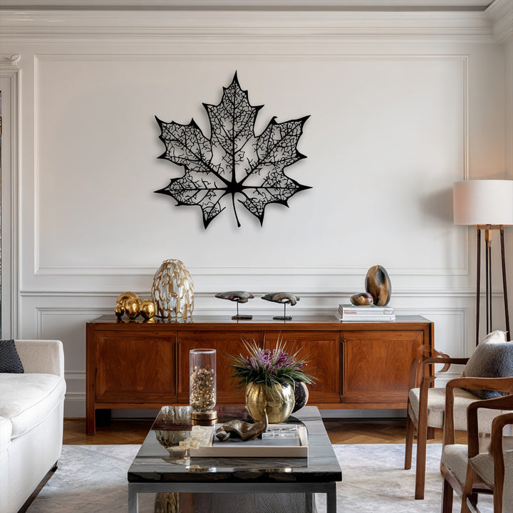The elegant white paneled walls with classic crown molding create a sophisticated background for the metal decoration wall art.