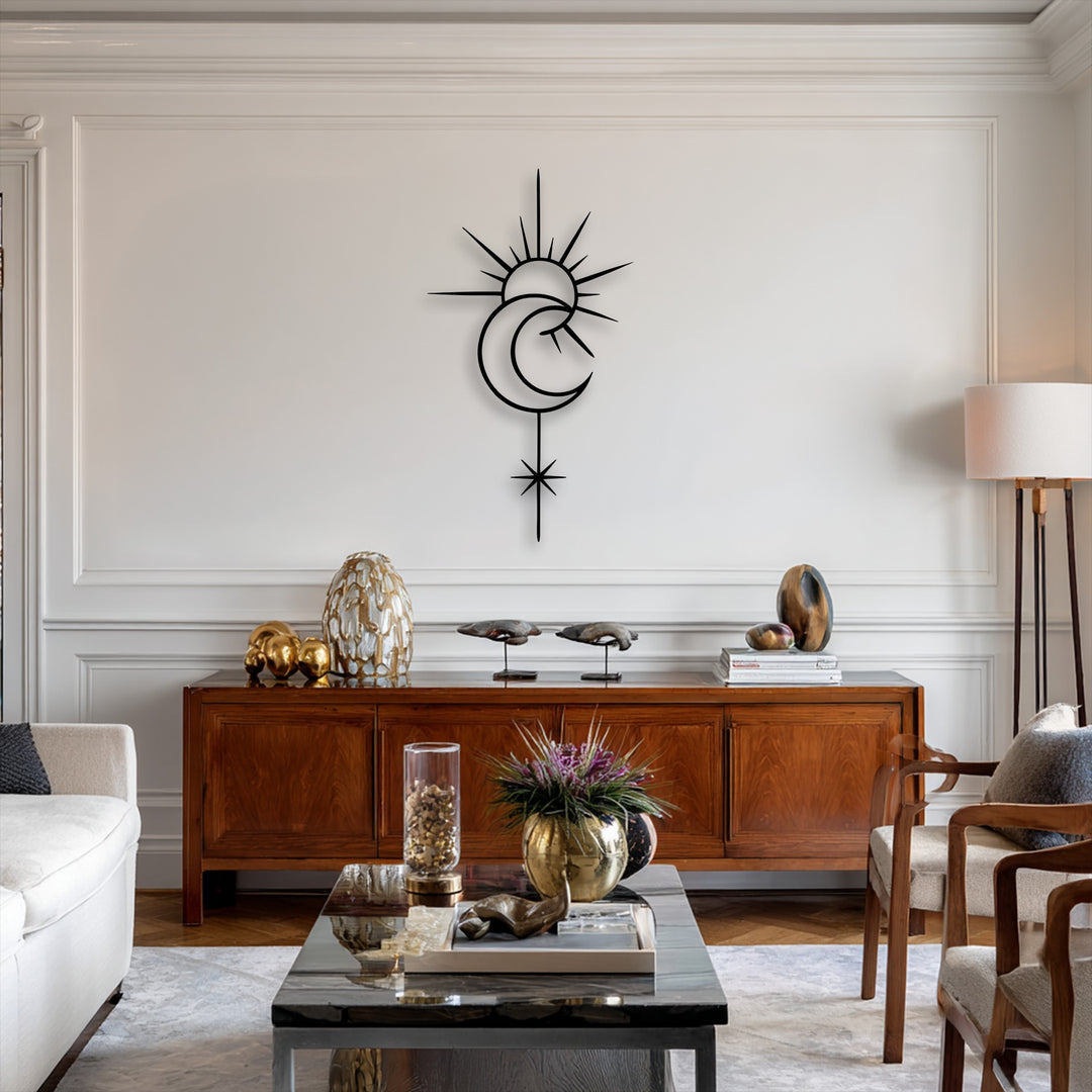The expansive negative space of a white wall accentuates a unique metal wall art featuring a minimal celestial sun moon and star line design.