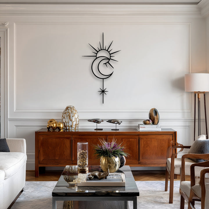 The expansive negative space of a white wall accentuates a unique metal wall art featuring a minimal celestial sun moon and star line design.