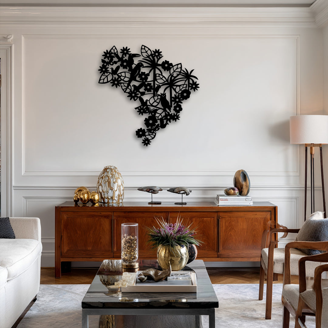 Organic forms of delicate flowers, soaring birds, and lush leaves are artfully integrated into this striking nature-inspired metal artwork.