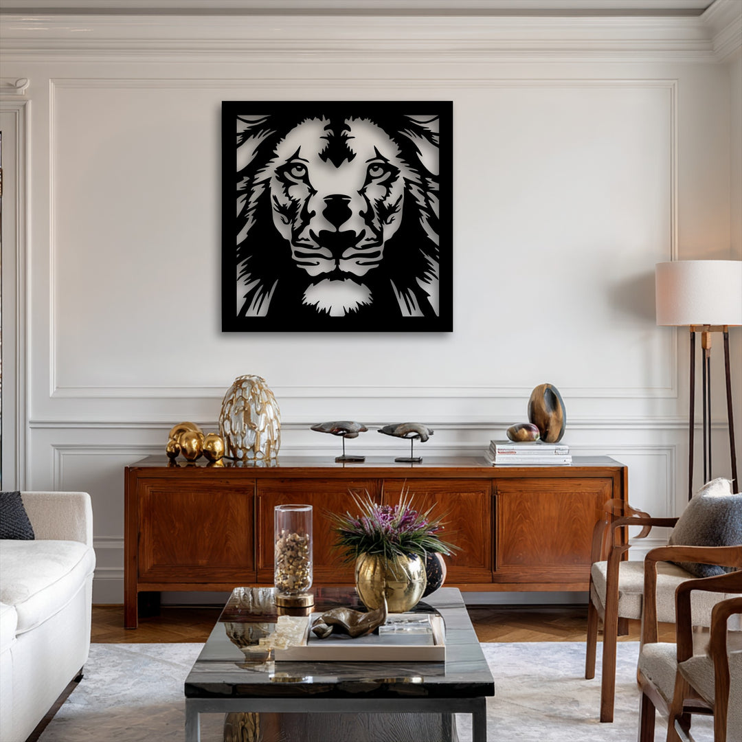 The warm color temperature of the room highlights the bold geometric Majestic Lion Face metal art for wall, creating an inviting ambiance.