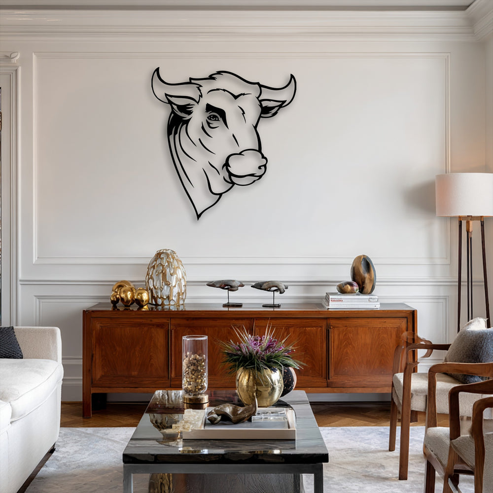 The abstract quality of this minimal line metal artwork beautifully features a stylized bull head, creating a striking statement.